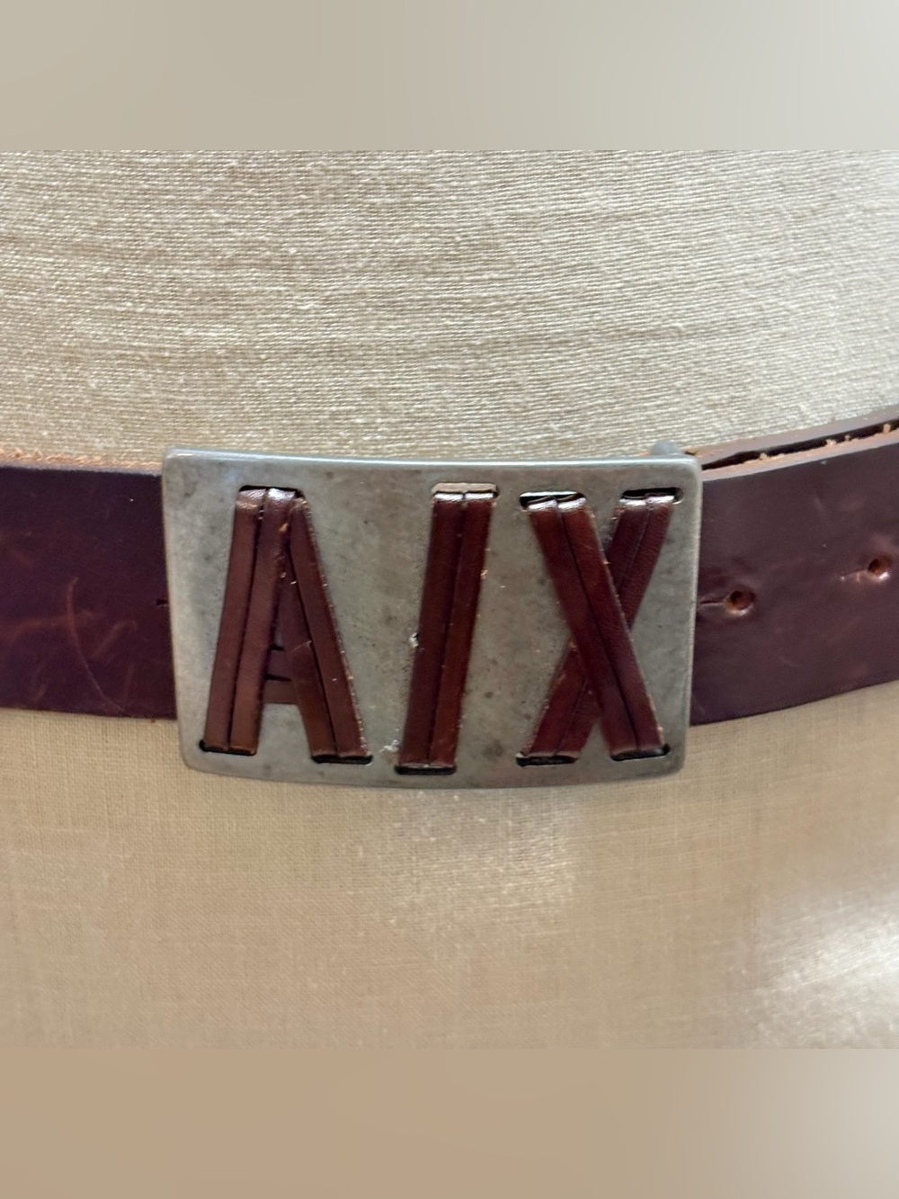Armani Exchange brown leather logo buckle belt